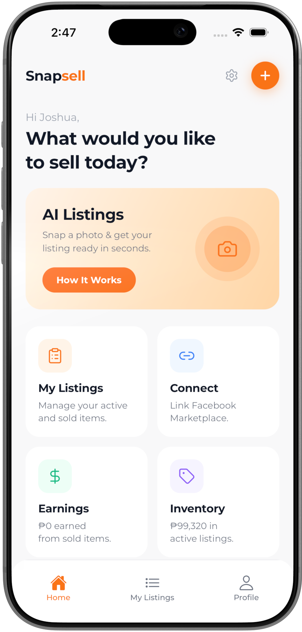 SnapSell app — Home screen