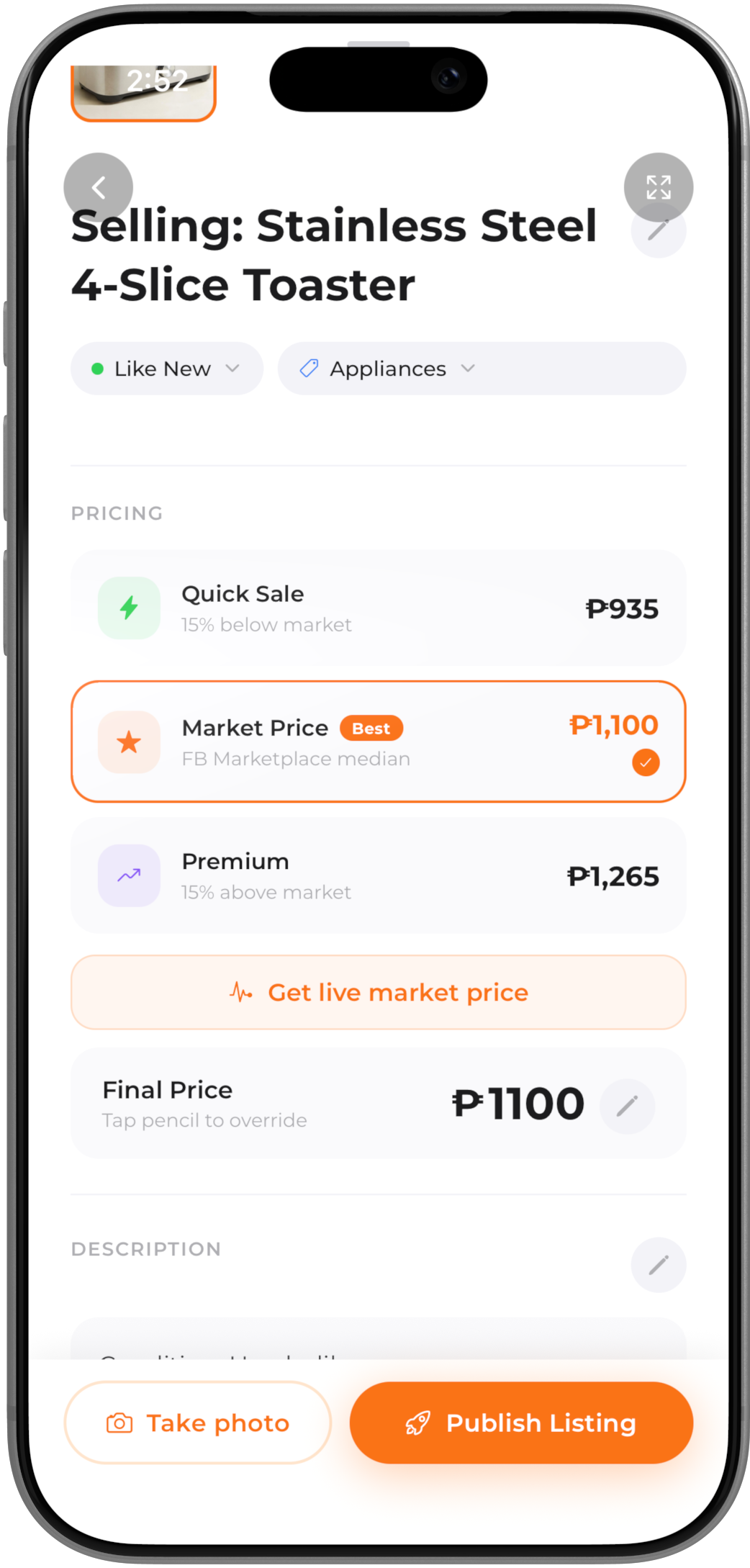 SnapSell app — AI-generated listing with pricing
