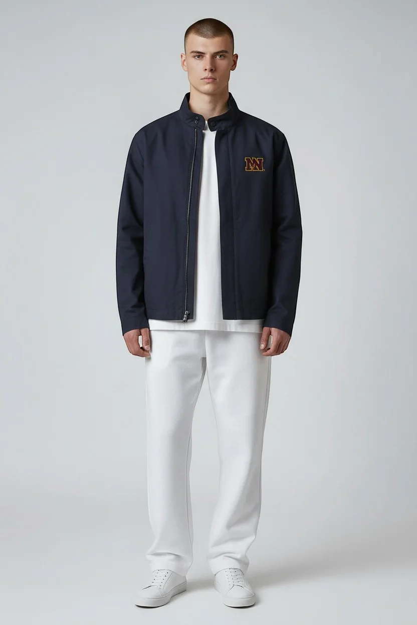 navy jacket on the app's model